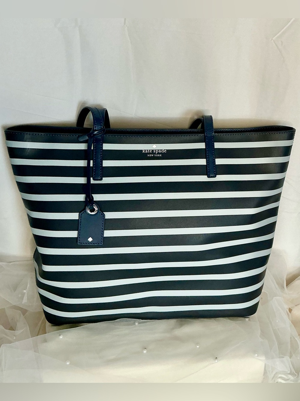 Kate Spade Navy White Stripe Leather Tote Shoulder Bag Large